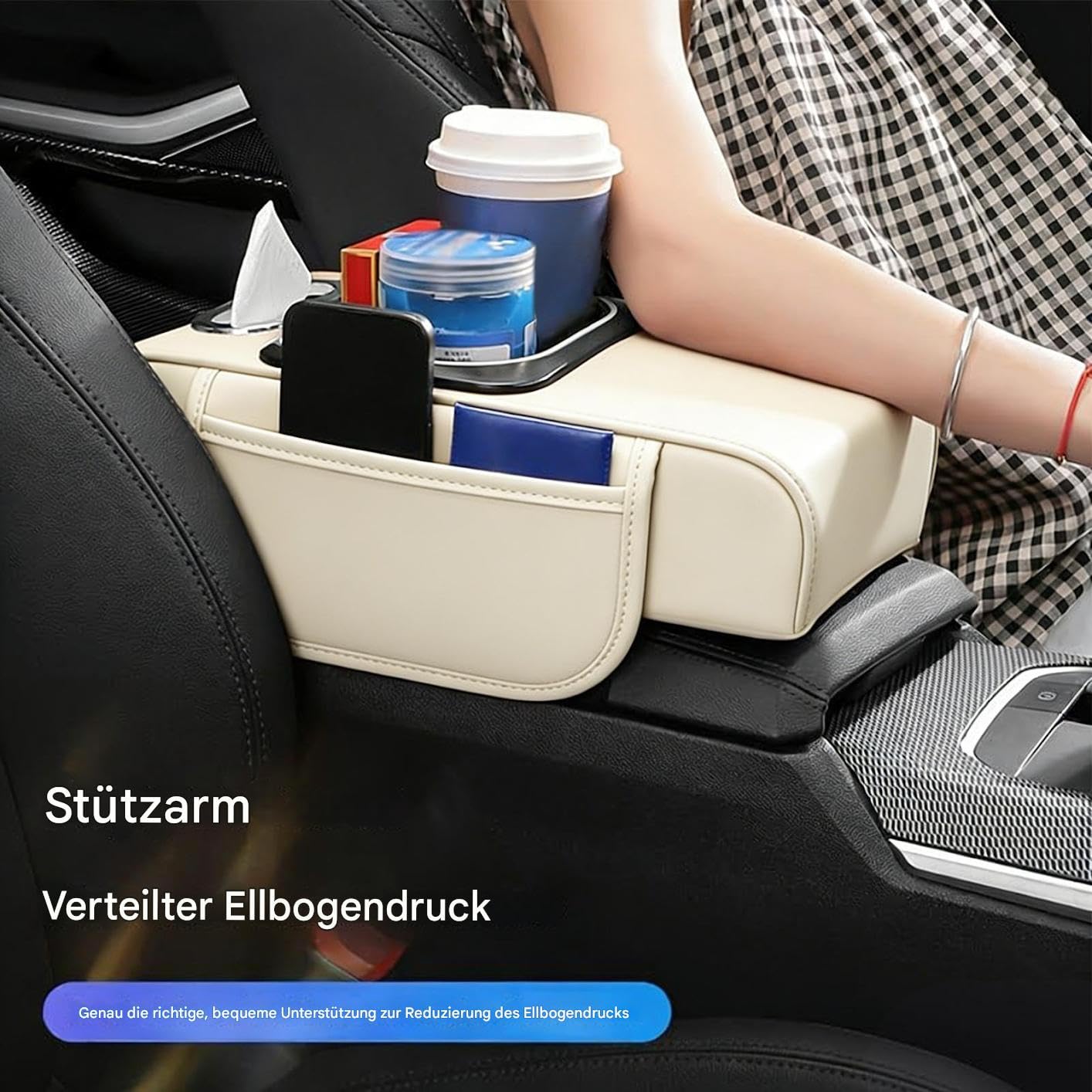 Organizer Na Podłokietnik Samochodowy Podwyższająca Nakładka Z Miejscem Na | Nakładka Na Konsolę Centralną Z Boczną Kieszenią, Oświetleniem Ambientowym, Portem USB Do Konsoli