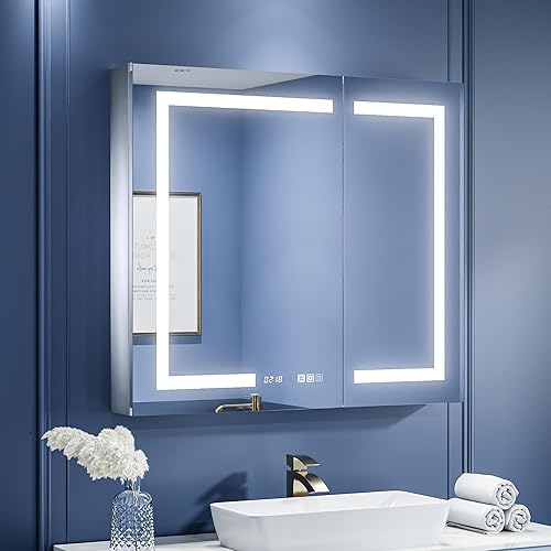 ExBrite Botiquín de baño con iluminación LED con espejo, 36 x 32 pulgadas, botiquín empotrado o de superficie, reloj, pantalla de temperatura