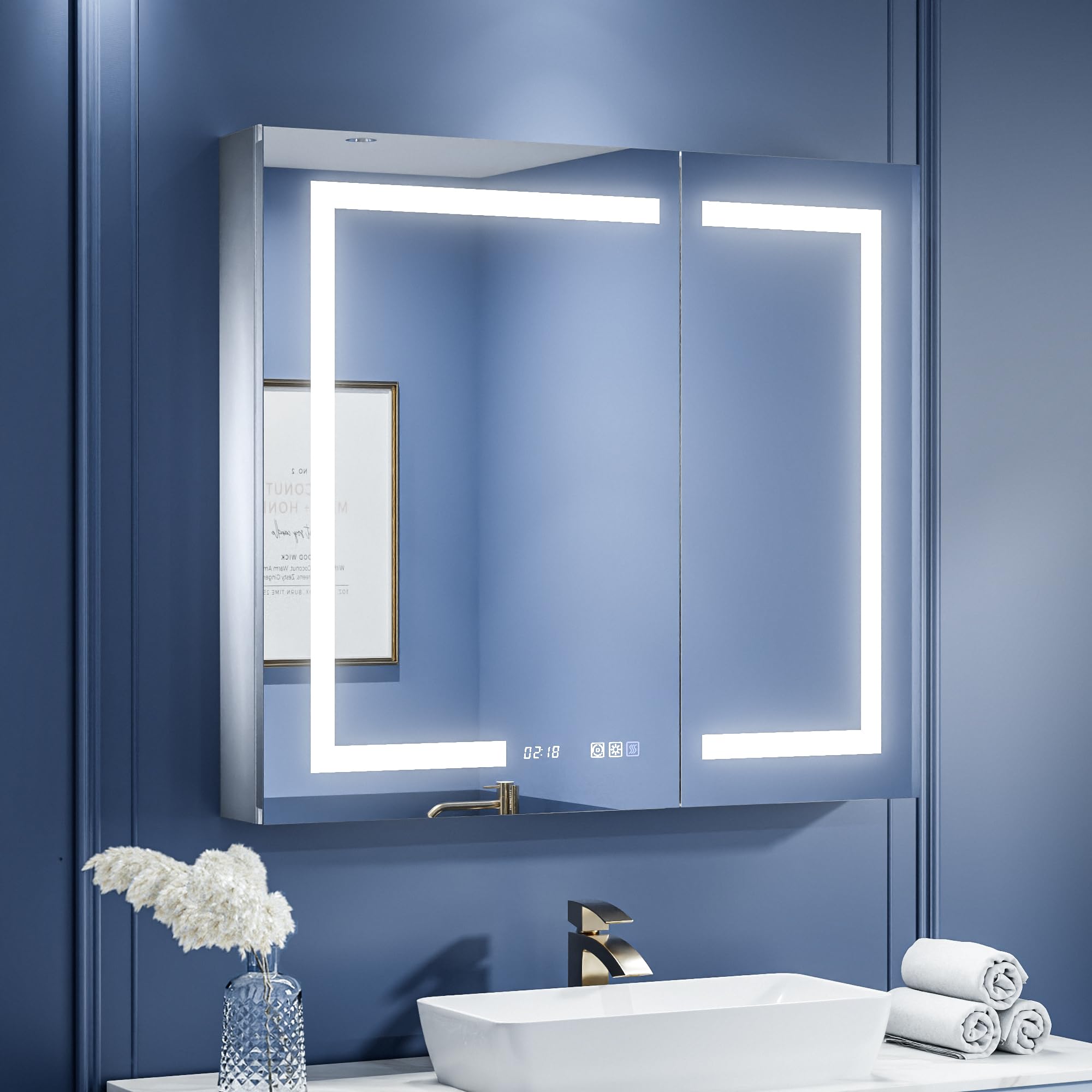 ExBrite 36"x32" Lighted Medicine Cabinet, Recessed/Surface LED Medicine Cabinet, Clock & Temp Display, Defog, Stepless Dimming, 3-Color Temp, Night Light,Built-in 6000K Sensor Light