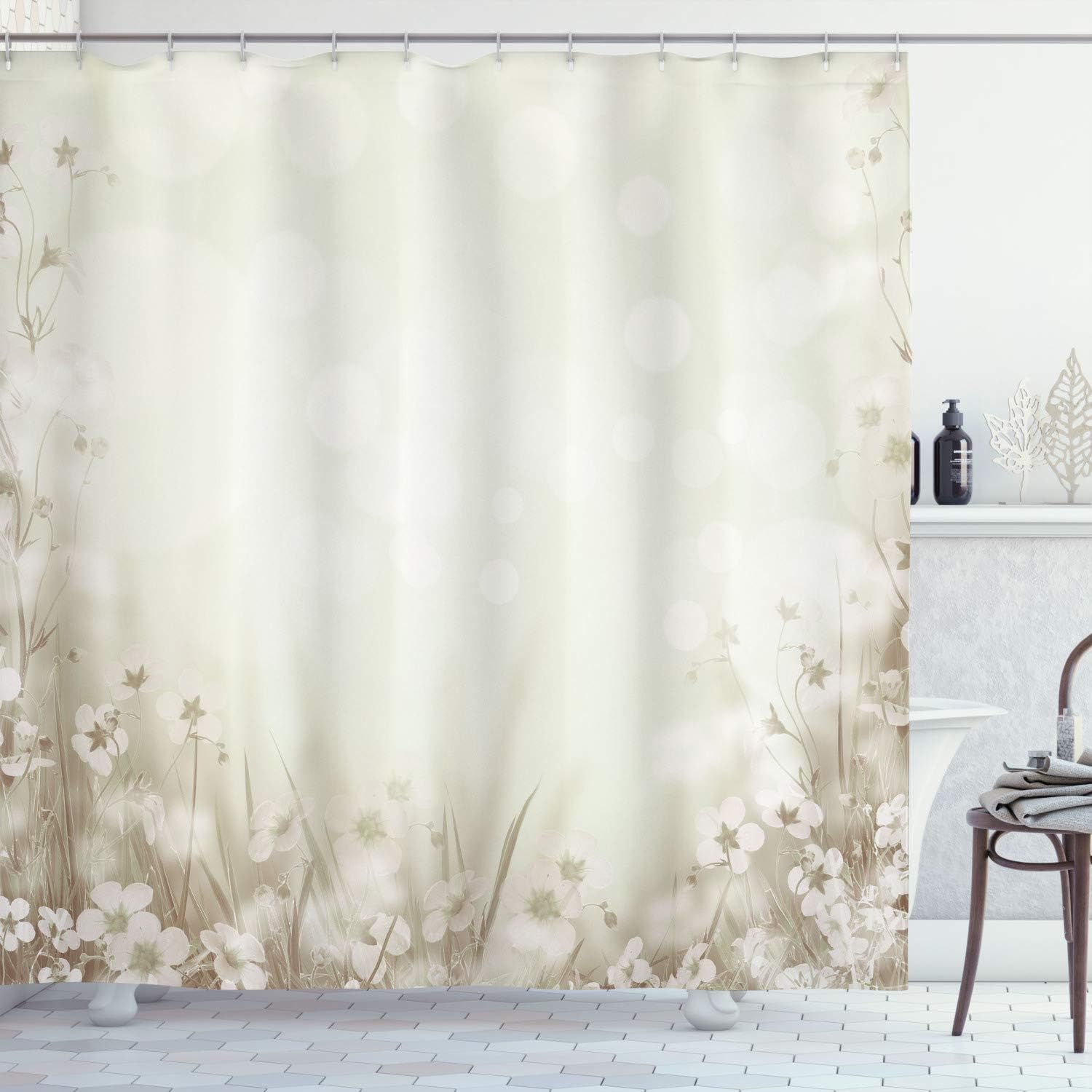 Ambesonne Flower Shower Curtain, Blossom Field with Fresh Grass Soft Springtime Blurred Illustration, Cloth Fabric Bathroom Decor Set with Hooks, 69" W x 70" L, Eggshell Ecru
