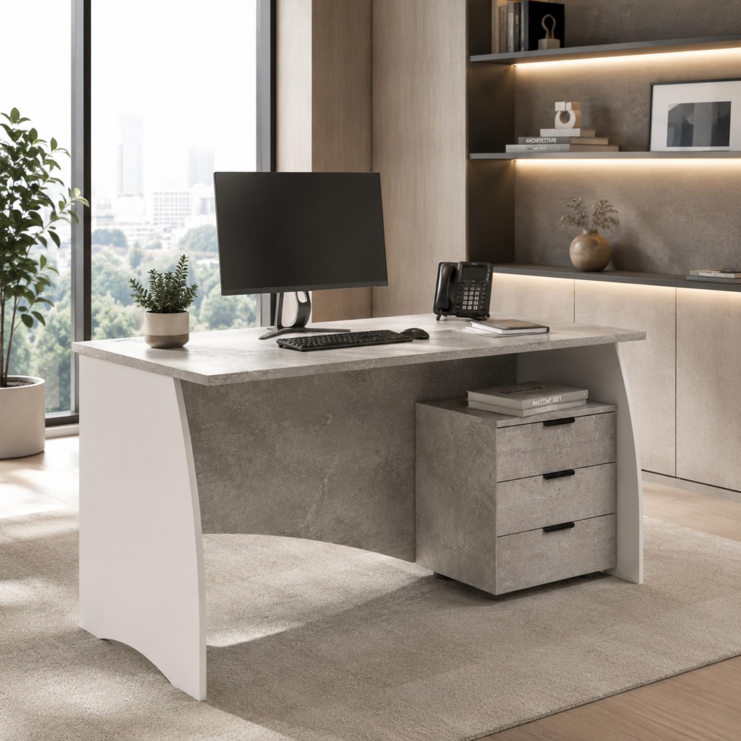 Arreditaly Scrivania con 3 Cassetti Bliss Scrittoio da Studio o Ufficio Mobile Desk da Soggiorno Sala da Pranzo 136 x 74 x 67 cm Colore Bianco E Grigio Cemento