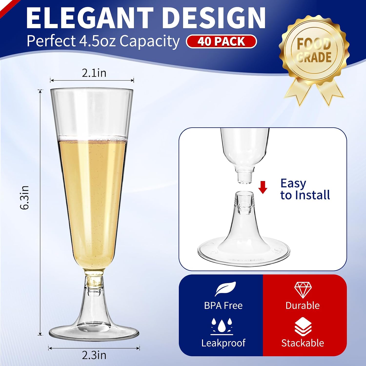 Showgeous 40 Pack Plastic Champagne Flutes Disposable Champagne Glasses 5oz Durable Clear Plastic Mimosa Glasses Wedding Cocktail Cups Bulk for Party Supplies Toasting Engagement Birthday Decorations