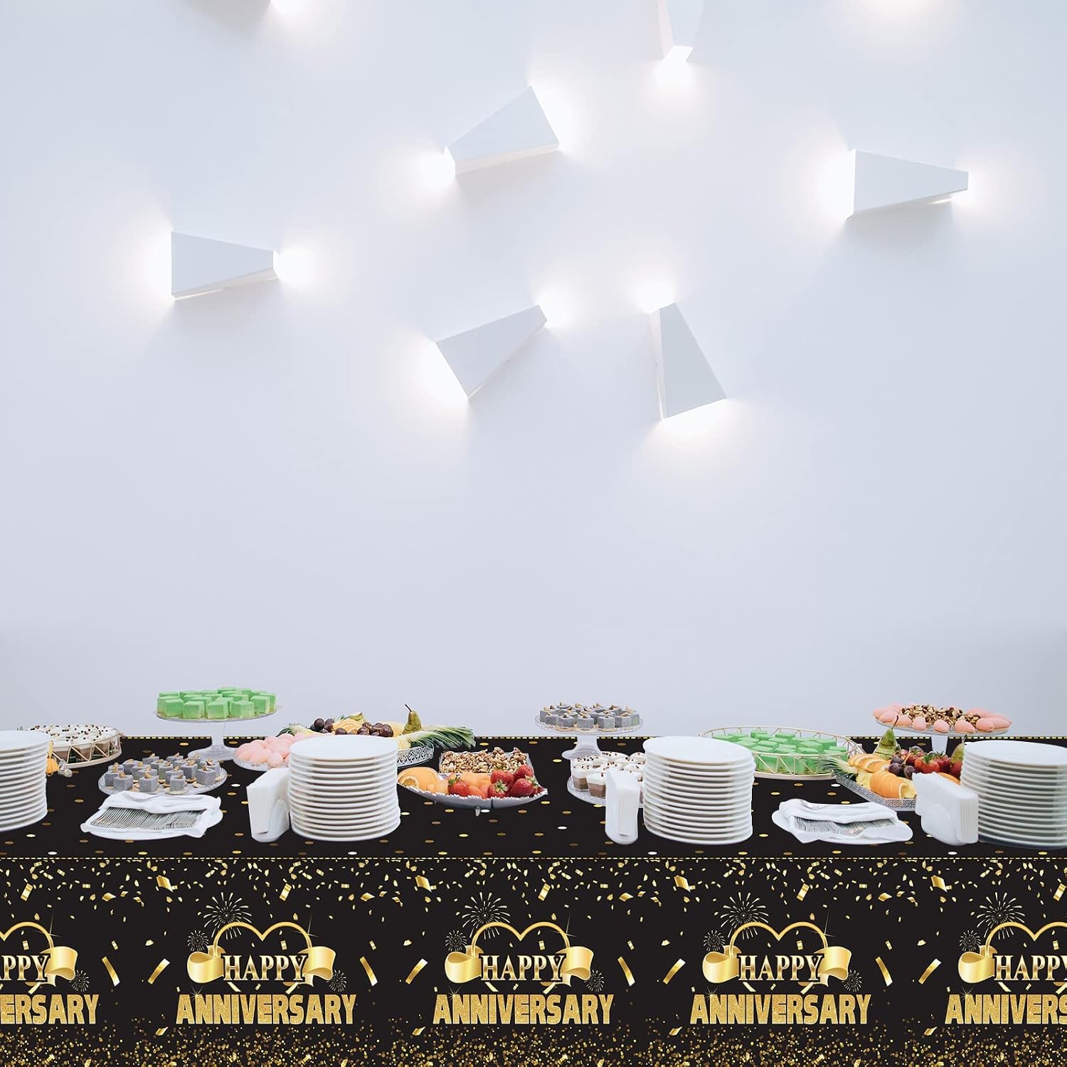 Tevxj 3 Pack Happy Anniversary Tablecloth Disposable Anniversary Party Decorations Black Gold Dot Confetti Table Covers Party Supplies for Rectangle Tables Favors for Guests 54 x 108 Inch
