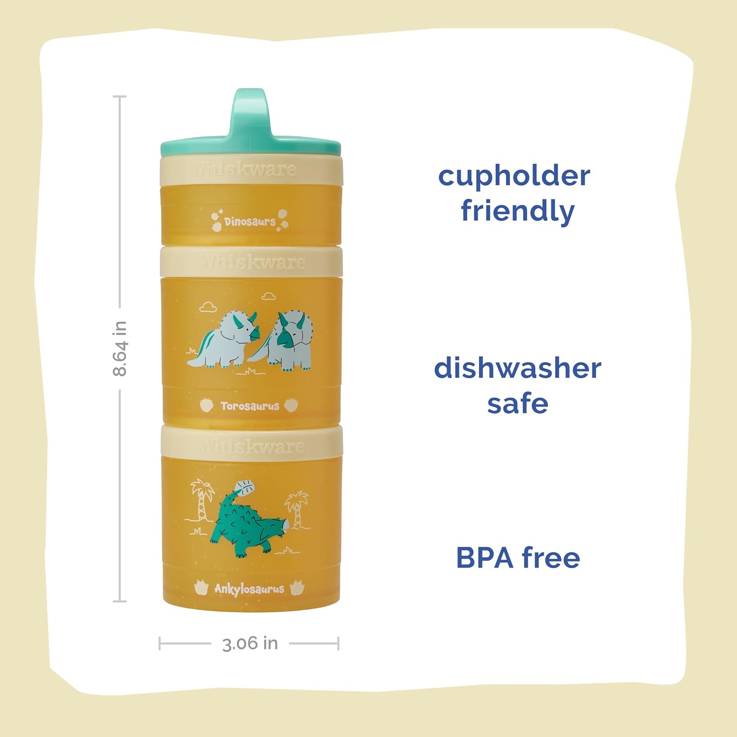 Whiskware Dinosaur Snack Containers, 3 Stackable Snack Cups, Blue/Yellow image 2