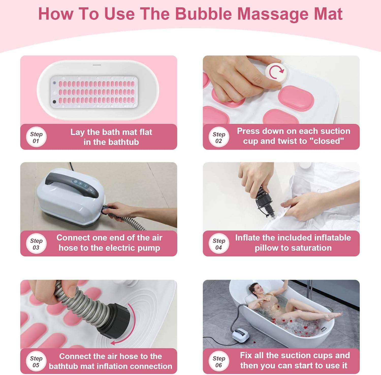 Portable Spa Bubble Bath Massager - Bubble Massage Bath Mat for Bathtub,74 Air Jets with Remote Control, 6 Speed Settings & Non-Slip Suction Cups, Includes Inflatable Pillow for Spa Relaxation (Pink)