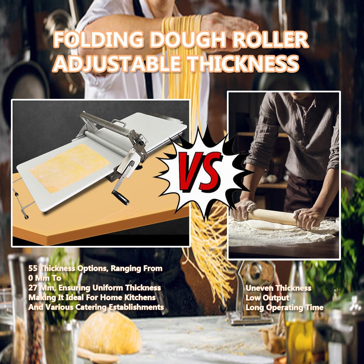 Machine à rouler manuelle avec manivelle, acier inoxydable, épaisseur réglable pour faire de la pâte, des pâtes feuilletées et des croissants