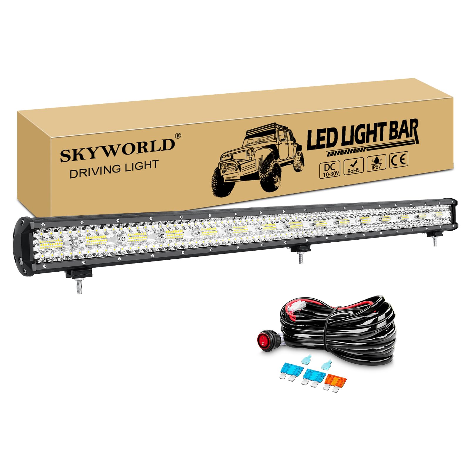 SKYWORLD 8D Barra de luz led y 12v kit de cableado, 107 cm 900W barra luces led coche para off road camión ATV todoterreno 4x4 vehículos, Impermeable 6000K blanca lámpara de conducción