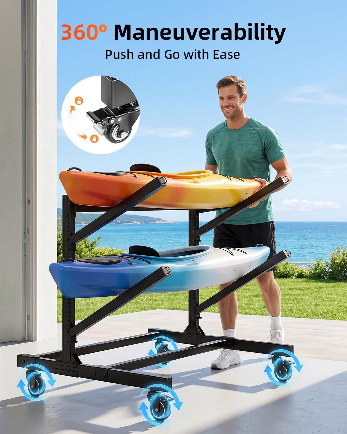 2/4-Tier Double-Sided Kayak Storage Rack with Wheels, Heavy Duty Freestanding Canoe Stand for 2～8 Kayaks, 600lbs Capacity, Adjustable Arms, Indoor Outdoor Garage