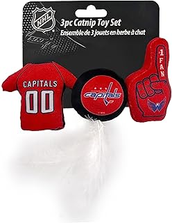 NHL WASHINGTON CAPITALS Plush Cat Toys Set - 3 Piece, Filled with Fresh Catnip. Includes: Jersey, Hockey Puck with Feathers & #1 Fan. Team Logo