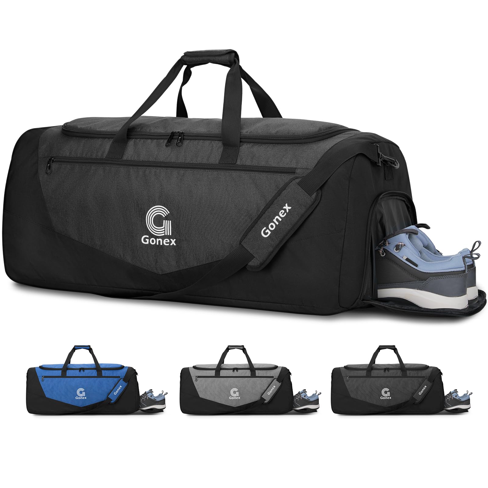 Gonex Gym Duffel Bag 100L with Shoe Compartment Wet Pocket, Large Capacity Sports Duffle Bag for Men Women, Workout & Travel Bag with Multiple Pockets, Black, Large