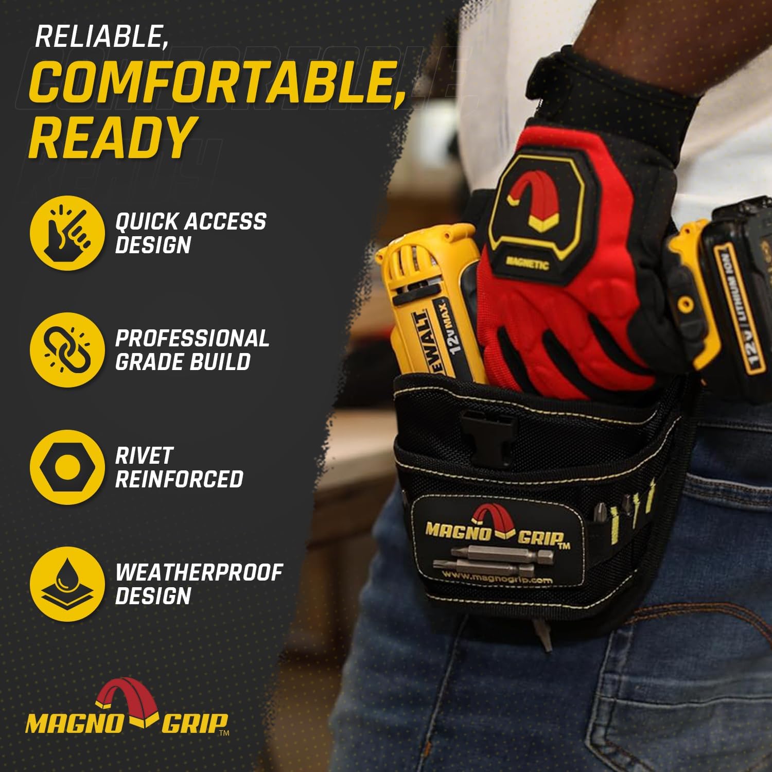 MagnoGrip Pro Drill Holster – Left and Right Handed Design, 1680D Ballistic Polyester, Magnetic Storage for Drill Bits, Adjustable Strap for Secure Drill Hold, 8 Slots for Fasteners - Black. - Image 8