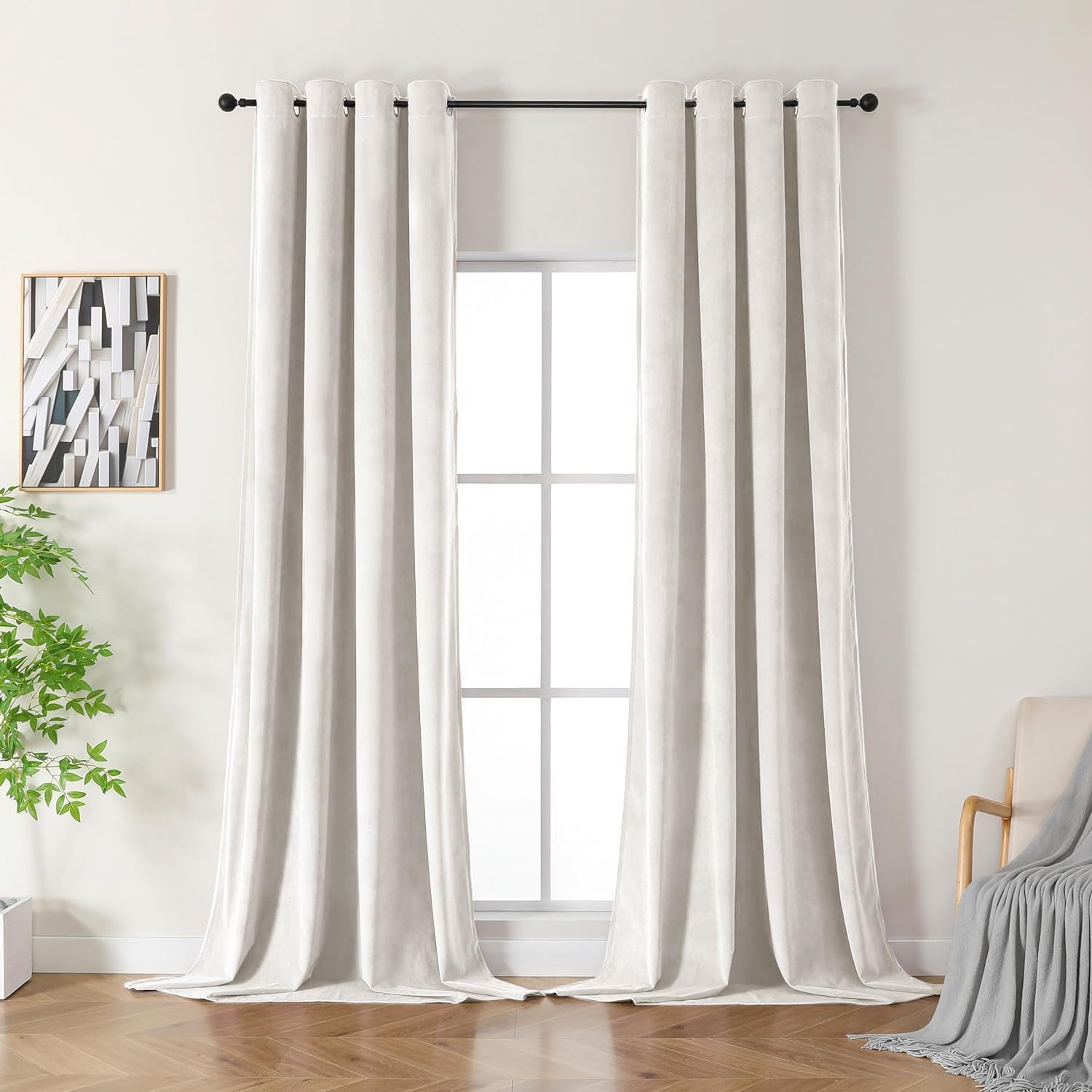 CUCRAF Juego de 2 cortinas opacas de terciopelo con ojales, 225 x 140 cm (alto x ancho), lujosas cortinas térmicas para salón y dormitorio (marfil) OEKO-TEX STANDARD 100