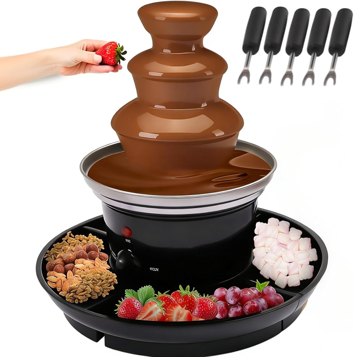 3 Tier Commercial Chocolate Fountain, 1LBS Hot Chocolate Fondue Tower, 120V 40W Power 430 Stainless Steel Chocolate Waterfall Layer Tower w/5 Forks, Deepened Food Tray (3 Layers - Black)