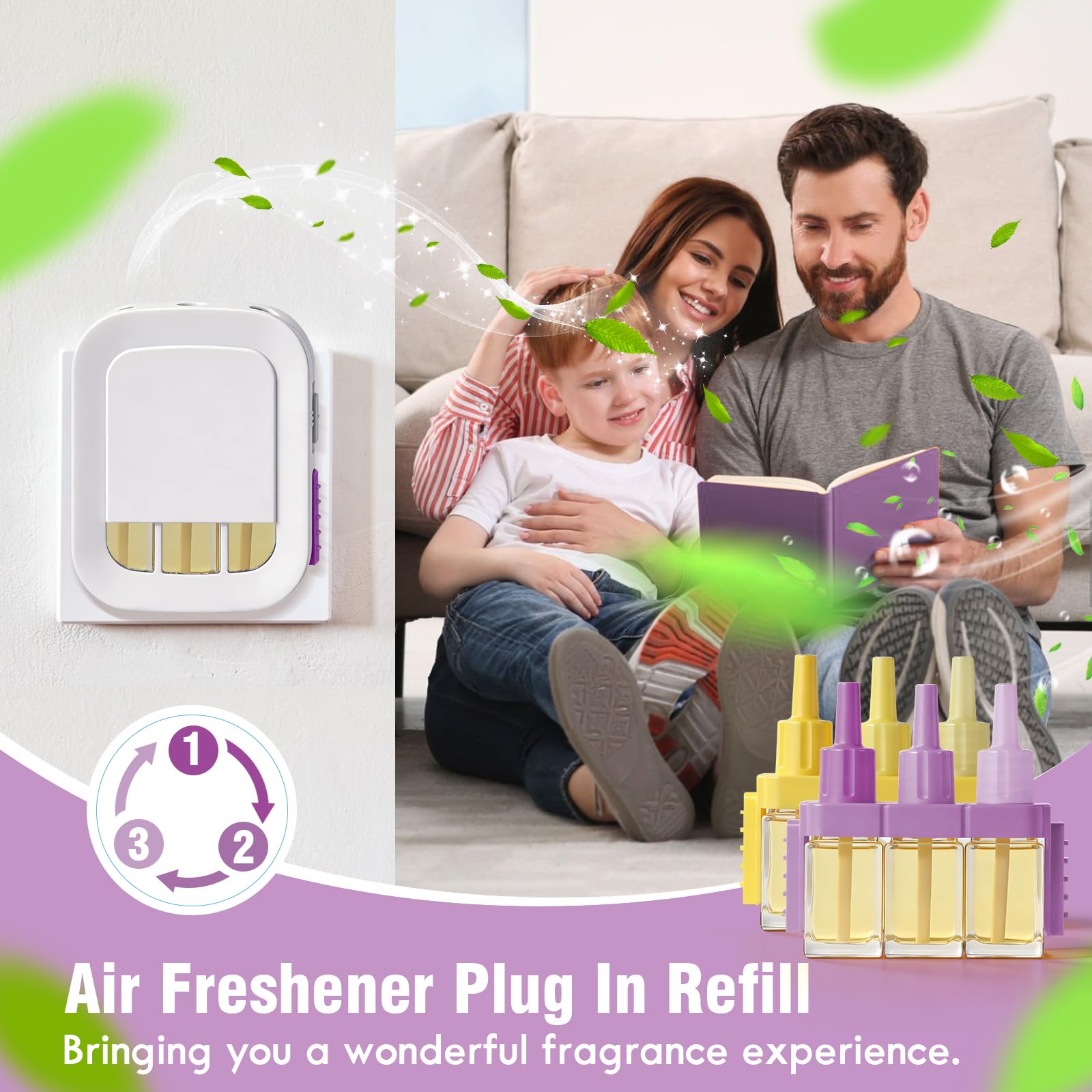 LASENTEUR Recambio de frasco de aceite aromático, compatible con Febreze 3Volution, paquete de 8, 6 fragancias, lavanda, eucalipto, salvia, hawaii, vainilla, sándalo, fragancia para sala de estar o