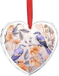 Floral Pattern with Birds and Flowers Crystal Glass Ornament Gift Exchange Present Ideas Spring Vintage Watercolor Birds Flowers Heart Glass Christmas Ornaments