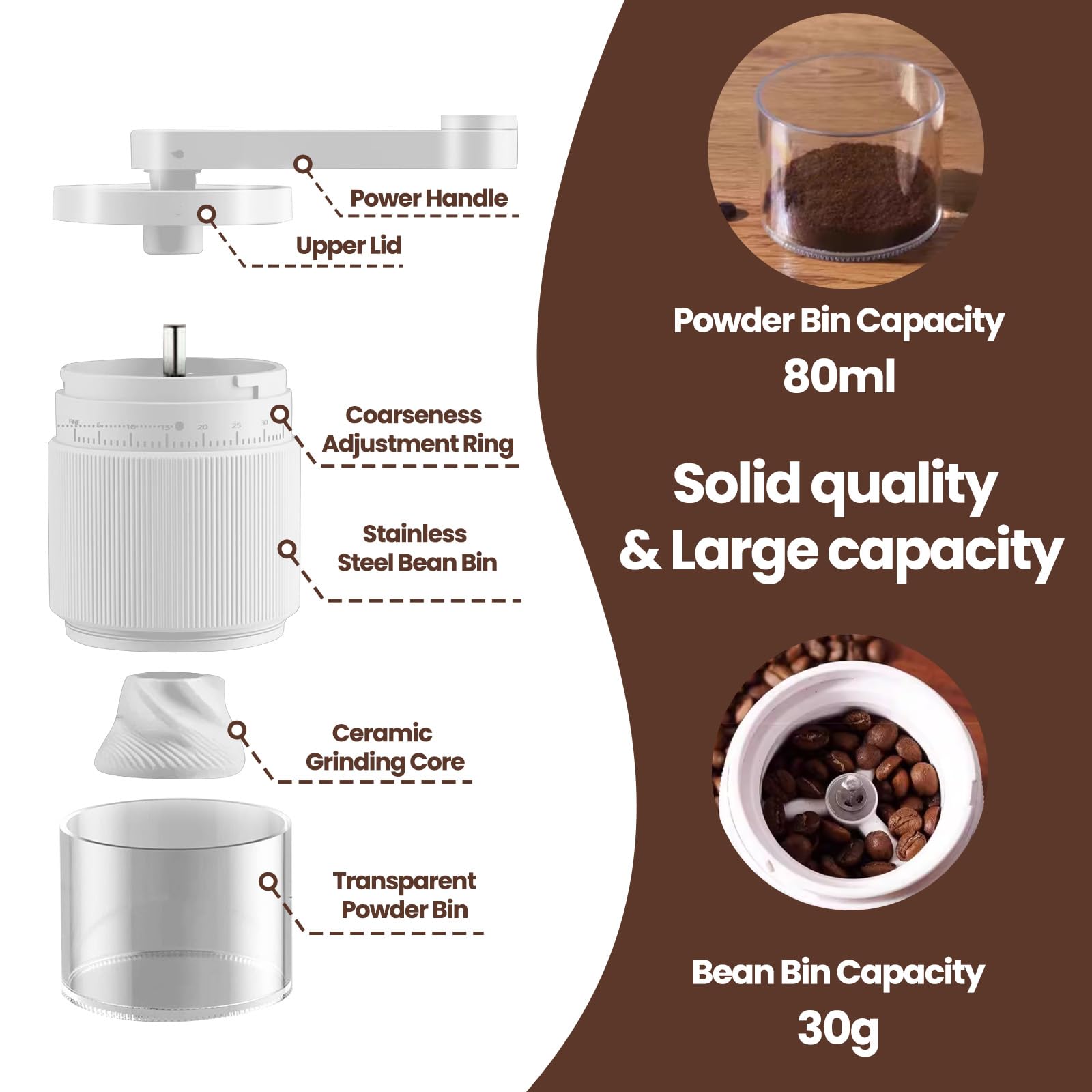 Macinacaffè Manuale Esterno Regolabile, 35 Impostazioni Regolabilie, Macina Caffè Manuale Portatile con Macine in Ceramica Resistenti per Viaggi, Campeggio, Ufficio, Espresso, Caffè Filtrato (Bianco)