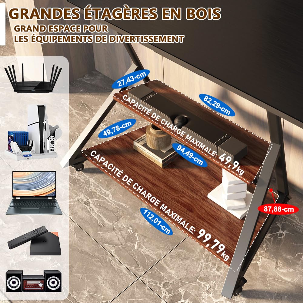 Support TV sur Pied à roulettes avec étagère en Bois pour téléviseurs de 50 à 100 Pouces, Chariot TV Noir Portable à Hauteur réglable, capacité de Charge maximale de 100 kg, VESA 800 × 600 mm.