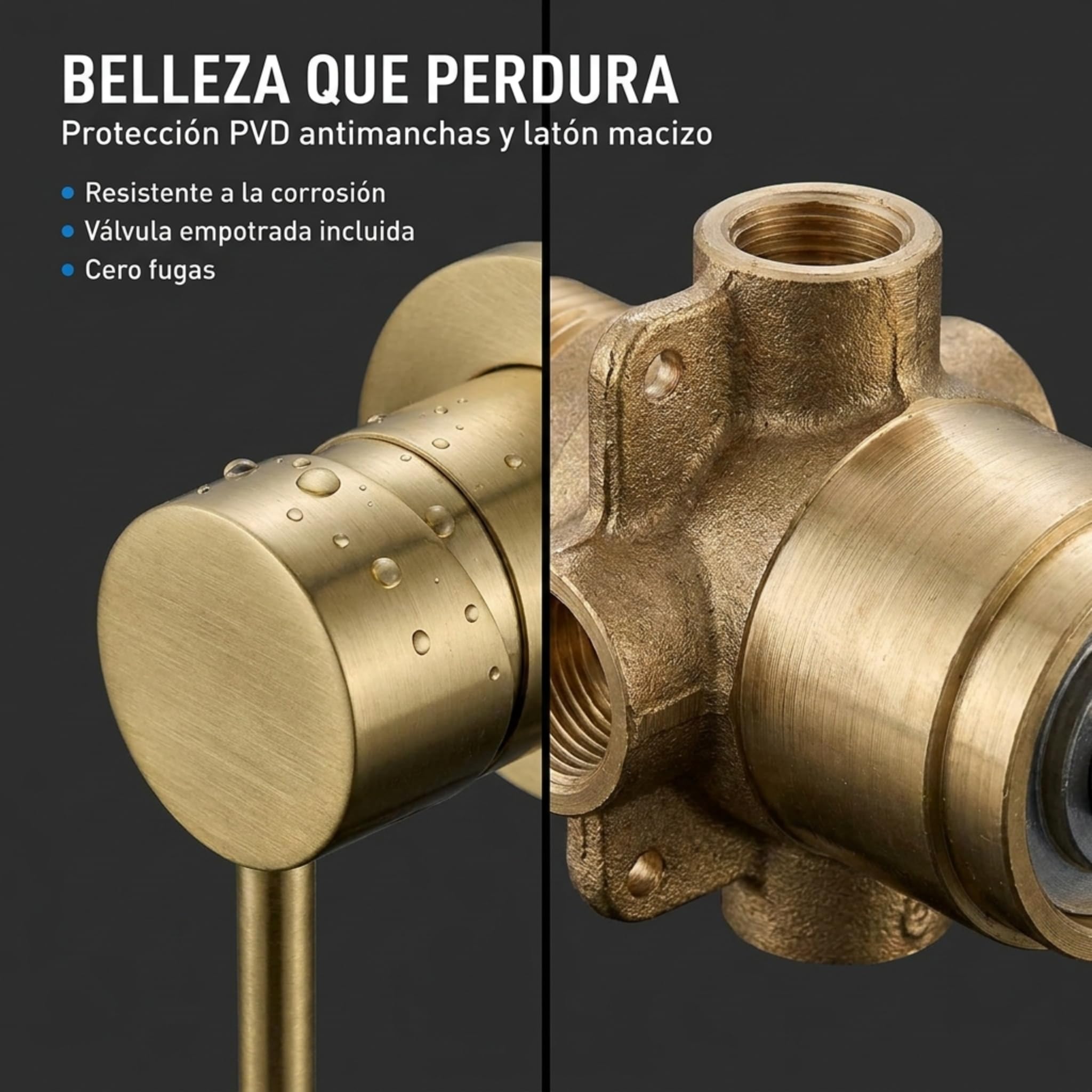 VALAZ Grifo Lavabo Dorado Cepillado Protección PVD Empotrado | Grifo Lavabo Monomando, Agua Fría y Caliente, Ahorro de Agua | Instalación Fácil | Latón, Inoxidable, Redondo, Caño 15 cm, Serie Guadiana