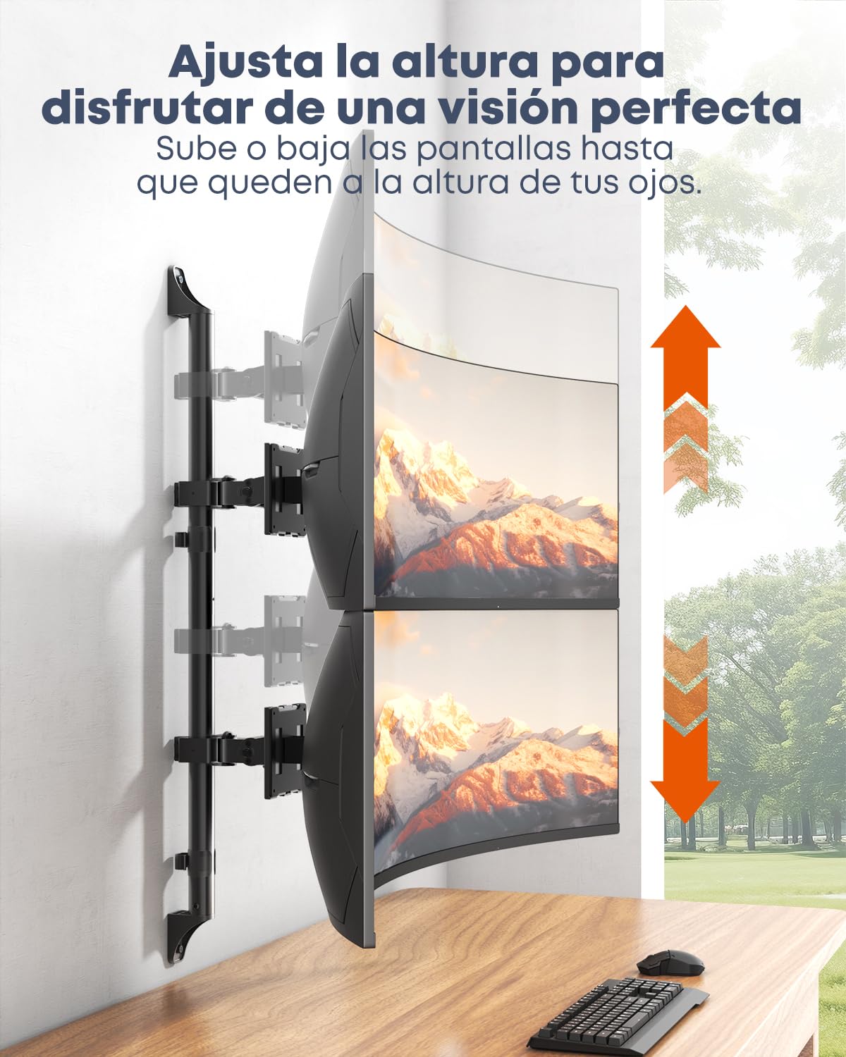 PUTORSEN Soporte de Pared para 2 monitores de 17 a 49 Pulgadas, Pantallas Planas y Curvas, 20 kg por Brazo, Soporte de Pared para monitores con Altura Regulable, VESA 75/100 mm, Negro