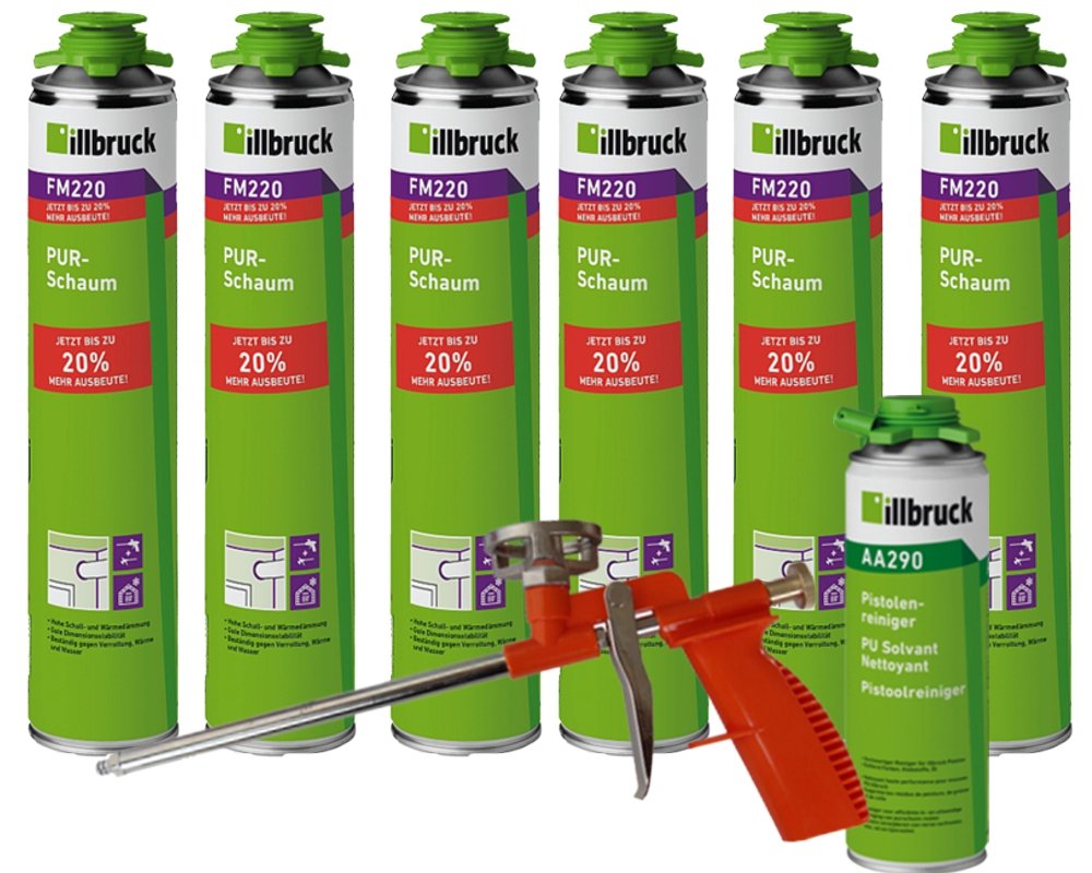 illbruck Profi Set 6x FM220 Bauschaum Pistolenschaum Montageschaum á 750ml Dosen + illbruck AA290 Reiniger + Schaumpistole Compact
