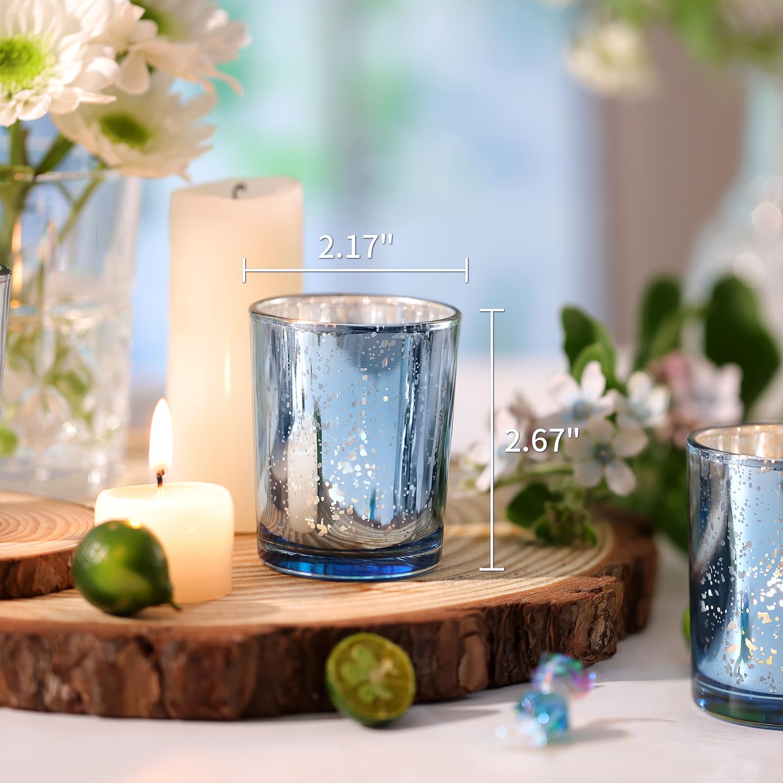 Volens Portavelas votivas azules a granel, juego de 12 portavelas de cristal de mercurio para decoración de mesa de boda, despedida de soltera y decoración del hogar
