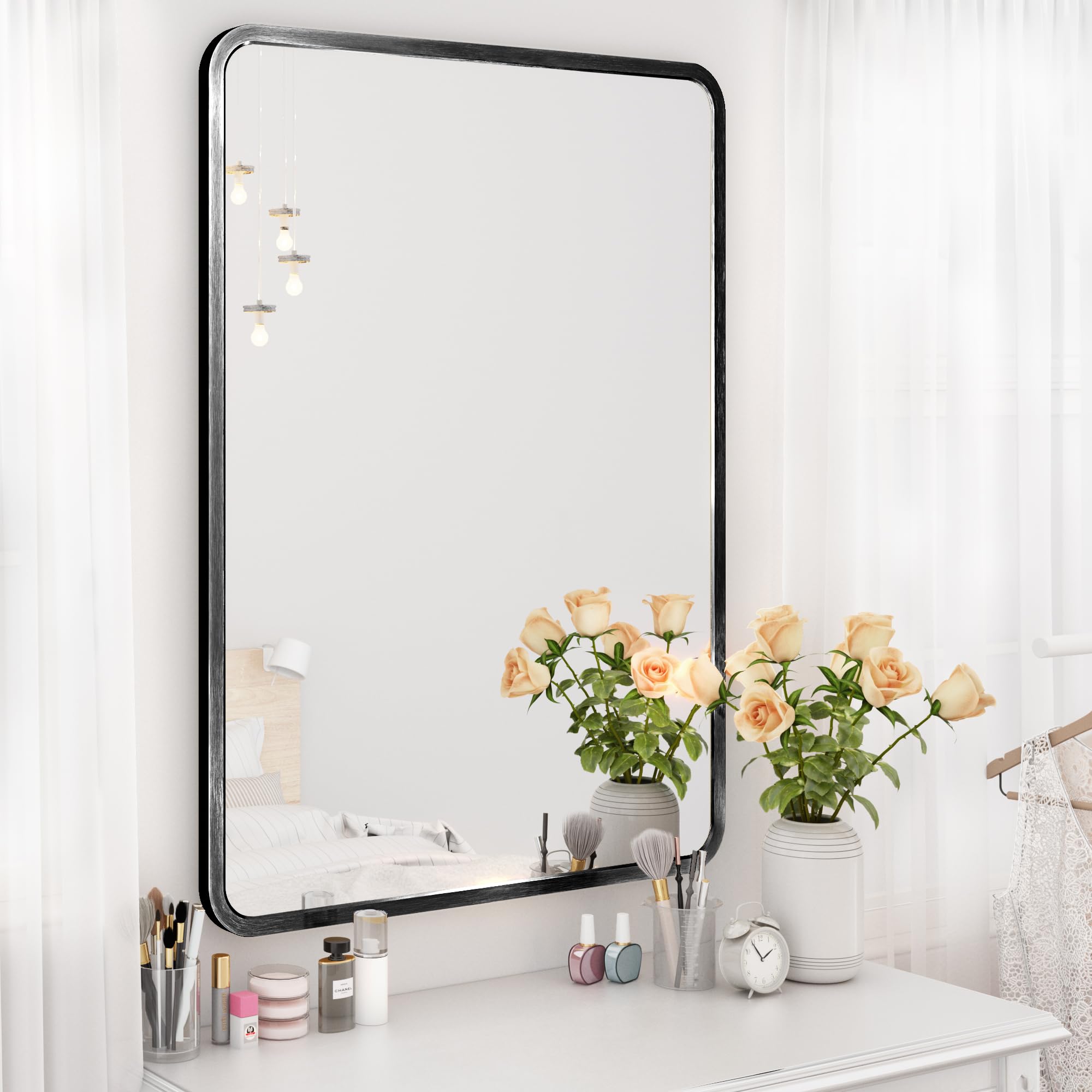 Espejo de pared Morden de 60 x 90 cm, espejo de baño negro con marco de aleación de aluminio, espejo de baño con esquina redonda para baño, salón, dormitorio, decoración de pared