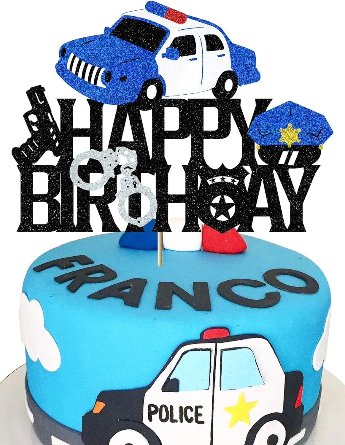 Police Birthday Cake Topper Policeman Officer Police Car Themed for Kids Boy Girl Man Happy Birthday Retirement Party Supplies Black Glitter Decorations