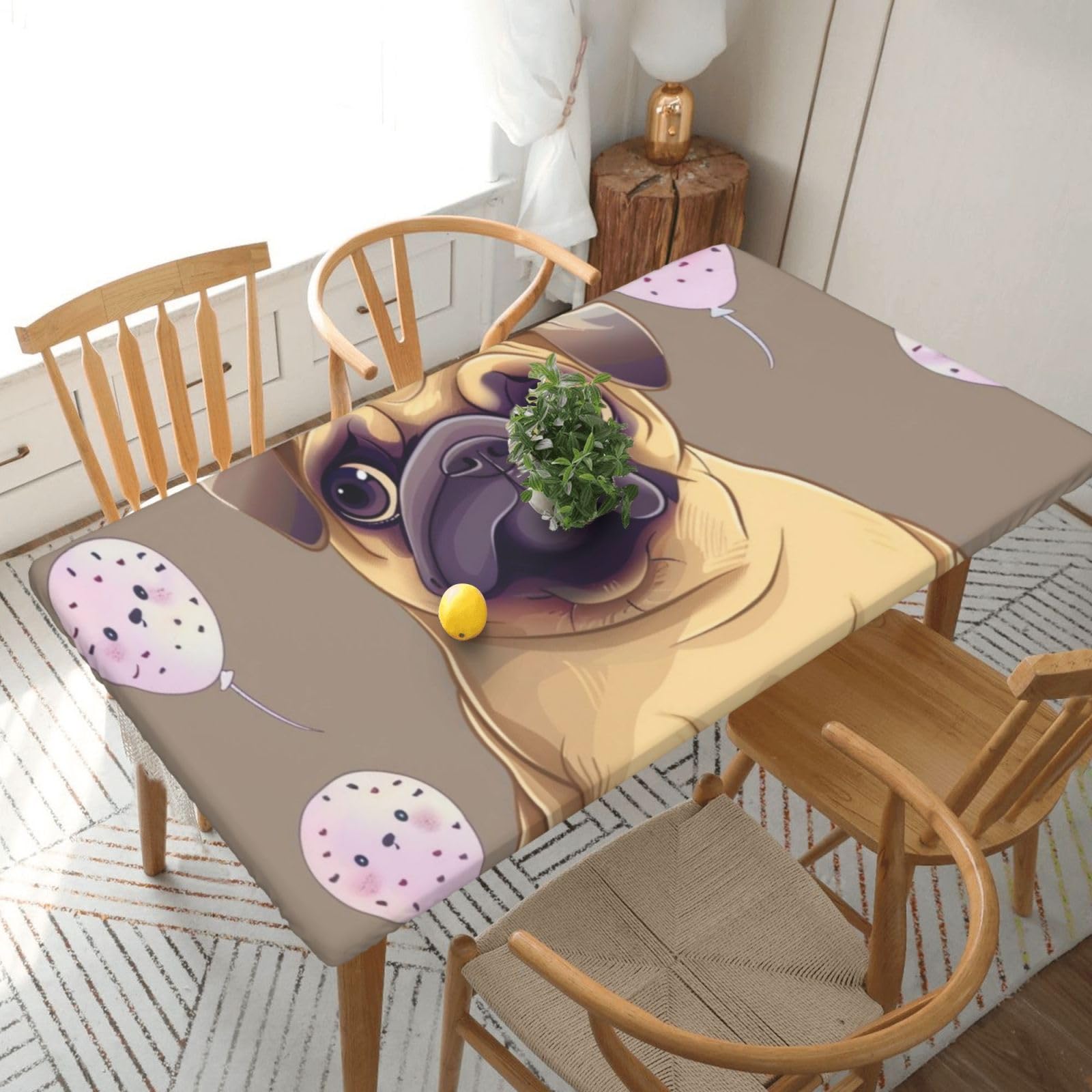 WPKJU Funny Cartoon Pug Puppy Dog Printed Tablecloths 5ft Rectangular Table Covers Washable Polyester Decorative Table Cloth for Dining Table Picnic Wedding