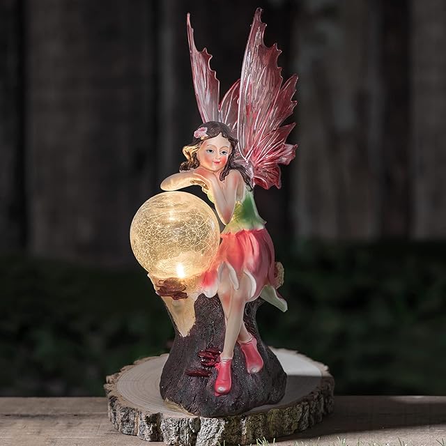 GloBrite Solar Guardian Fairy with Crystal Glass Crackle Ball LED Light - Garden Resin Ornament Angel Figurine Outdoor Statue Decoration for Outside & Memorial Gifts (V2)
