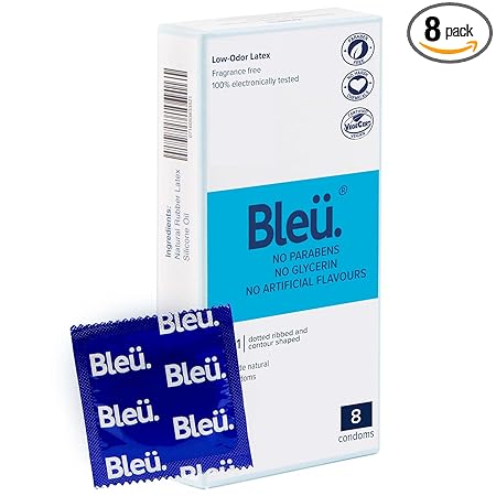 Bleu 3-In-1 Dotted Condoms Ribbed Condoms & Contour Shaped Condoms for Men, Unique THREE features in 1 Experience, With Highest Grade Natural Latex For Extra Sensitive Skin, Masked Latex Smell, Reduced Itch and Irritation - (8 Count)