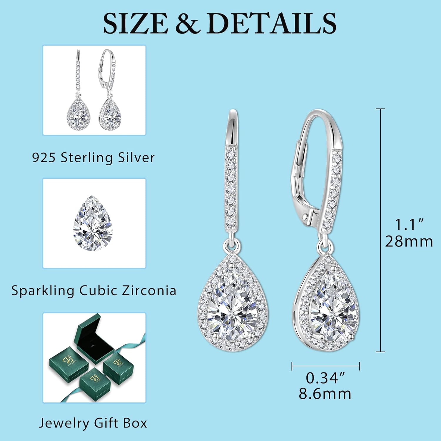 FJ Teardrop Dangle Drop Earrings 925 Sterling Silver Halo Leverback Earrings Birthstone Jewelry Gifts for Women - Image 6