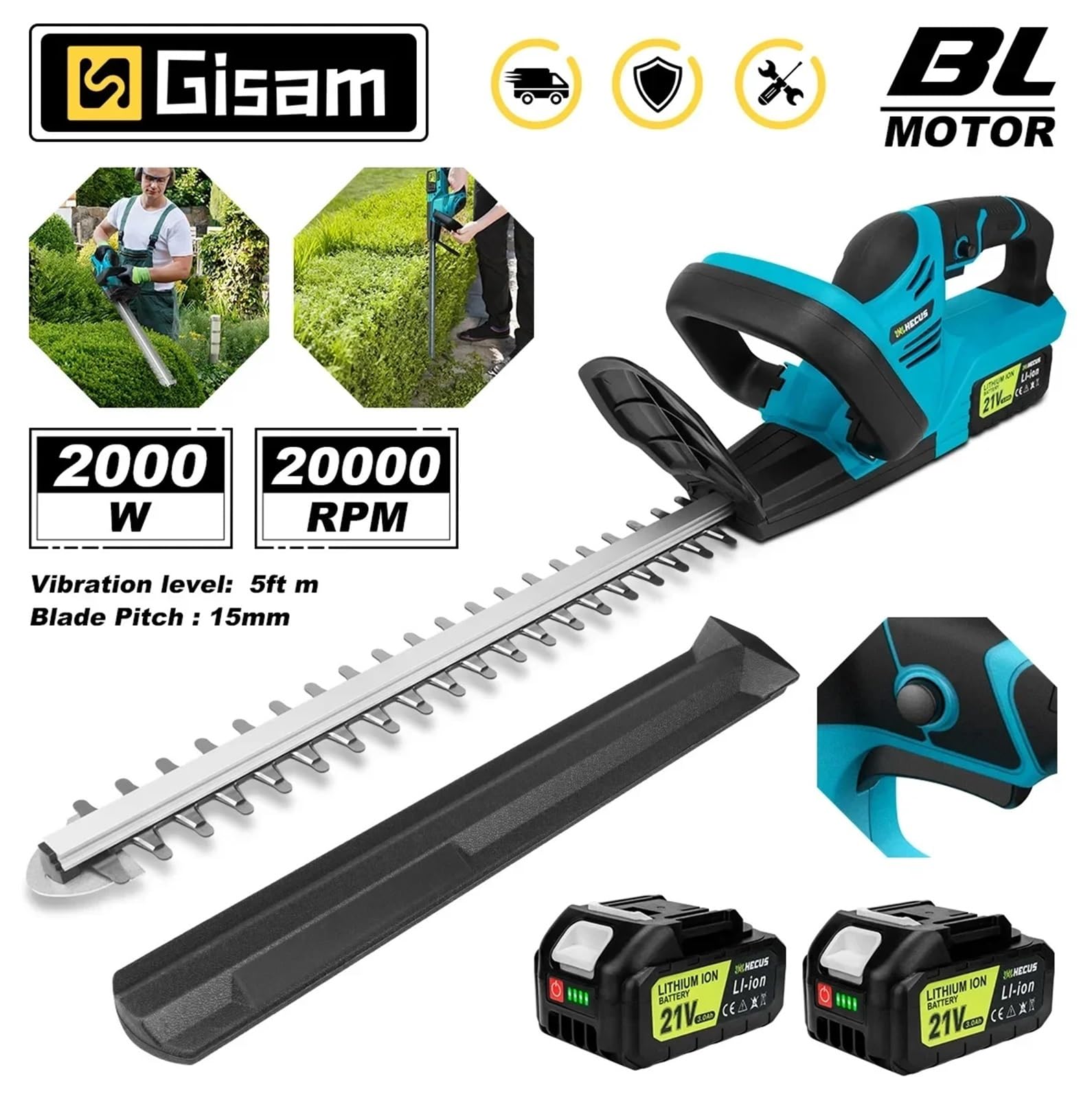 Cortasetos eléctrico sin escobillas de 20000 RPM, cortacésped, podadora de setos for jardinería, batería de 18 V, 1 Unidad(1 Battery Set)
