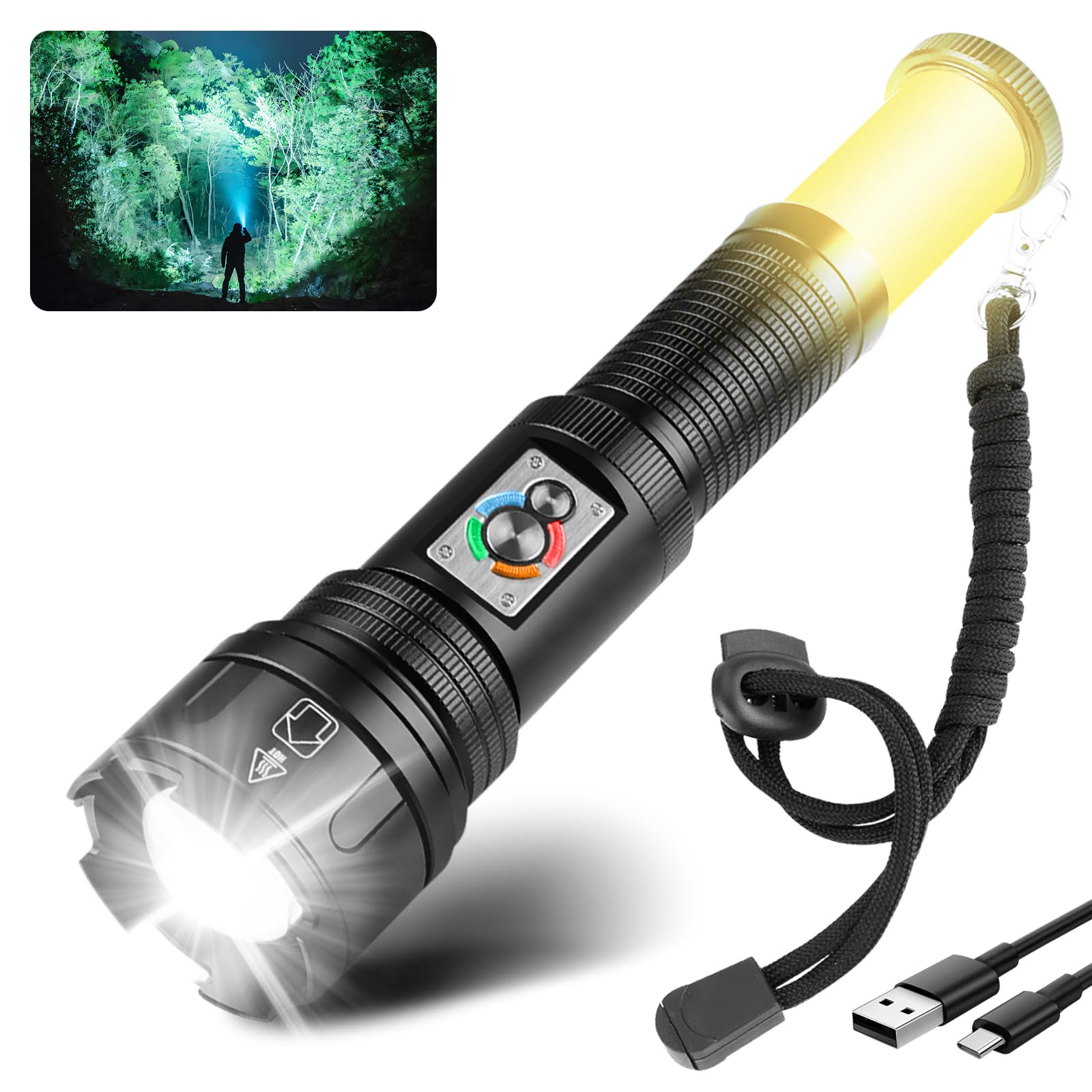 WholeFire 2 in 1 Rechargeable Flashlight Torch Flash Light XHP99 20000 lumens 10 Modes Waterproof Alumium Alloy Adjustable Focus White & Yellow COB & Red Light Camping Light Work Light (XHP99)