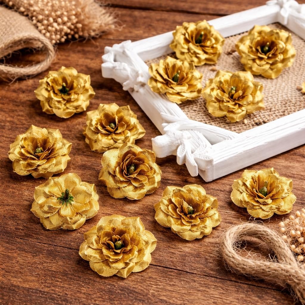 SATYAM KRAFT 12 Pcs Artificial Eden Rose Flower Heads | Fabric Fake Roses for Home Decoration, Mandir Pooja, Wedding, DIY Craft & Cake Decoration, Floral Arrangements (4 cm) (Golden)-picture-40