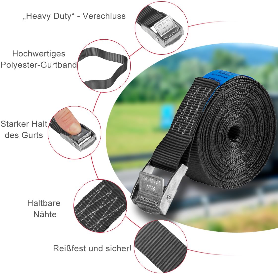 6 spanbanden, sjorbanden met klemsluiting, bevestigingsriem, belastbaar tot 250 kg, volgens DIN EN 12195-2, lengte 3 m breedte 25 mm, eendelig, zwart
