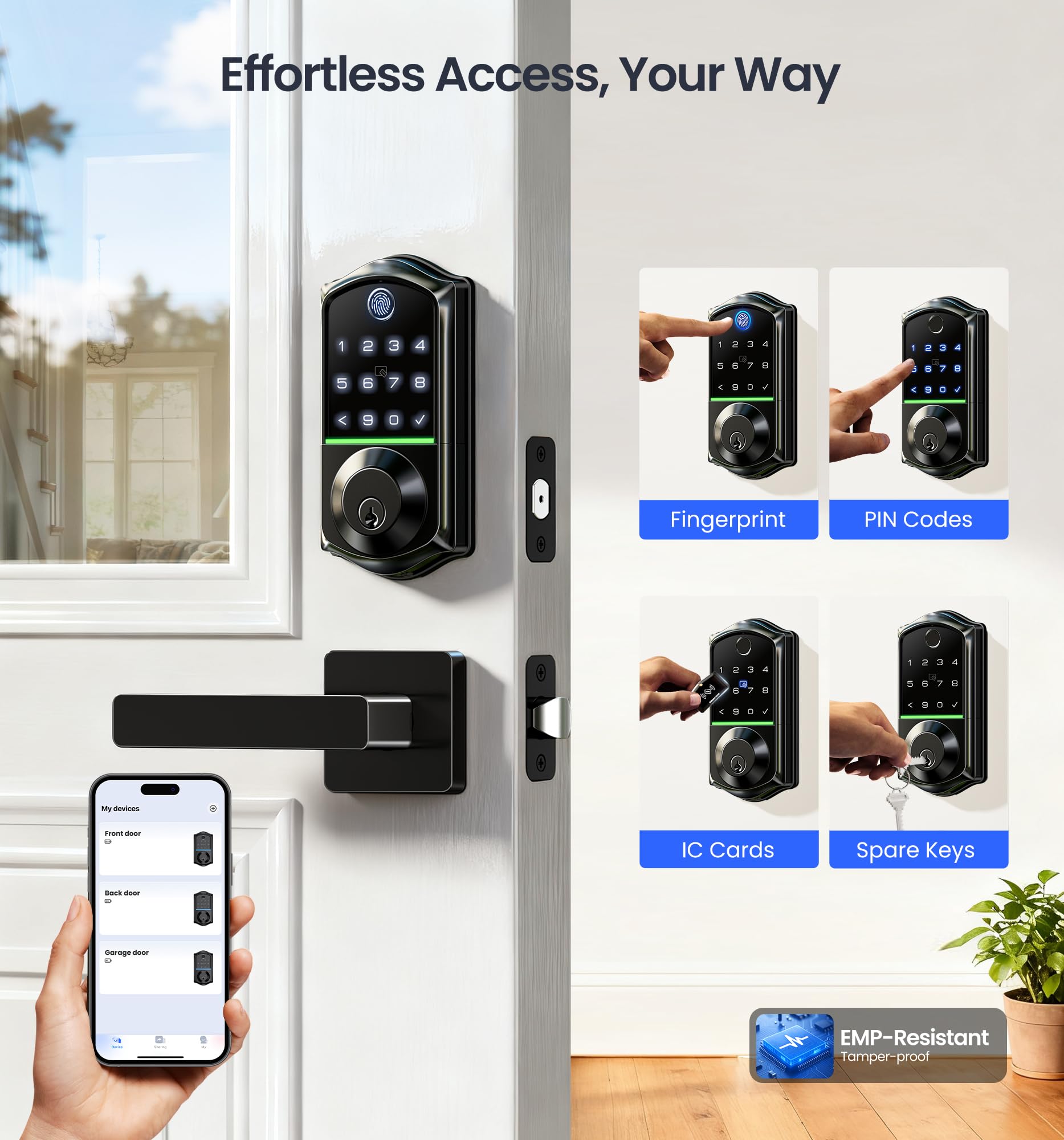 Veise VE017-B Fingerprint Smart Lock for Front Door, App Control, 7-in-1 Keyless Entry Deadbolt with 2 Zinc Alloy Lever Handles Set, Emergency Power Port, Auto Lock, Electronic Keypad, Black