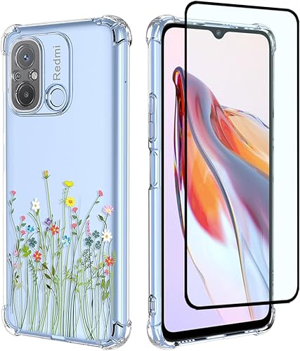 Funda para teléfono Redmi 12C, Poco C55 22120RN86G con protector de pantalla, funda transparente con patrones de jardín de flores, funda protectora