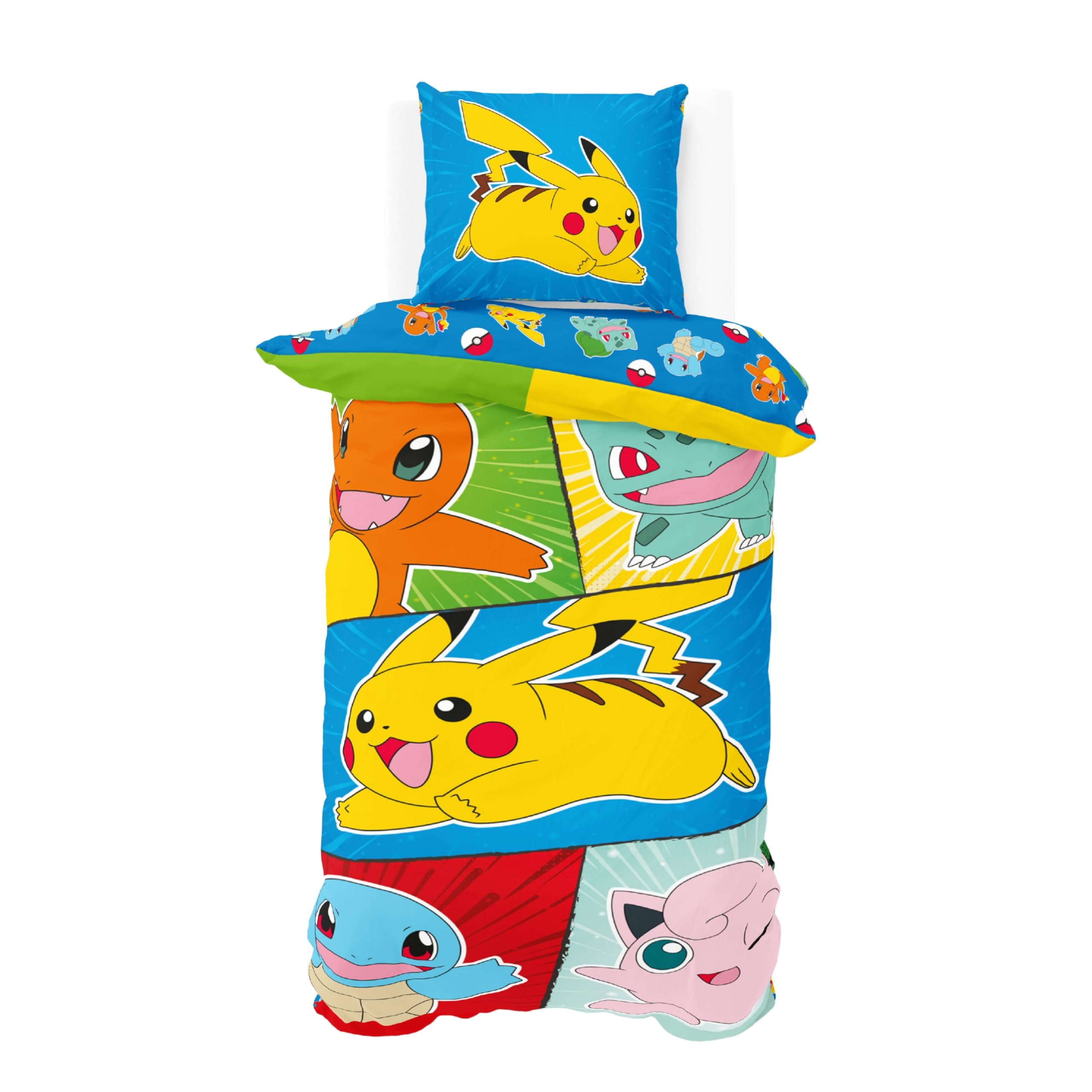 Pokemon Bettwäsche 135x200 + 80x80 cm – weiche Microfaser, Reißverschluss, Öko Tex – Motiv für Kinder & Gamer-Fans, atmungsaktiv & pflegeleicht - Pikachu & Friends