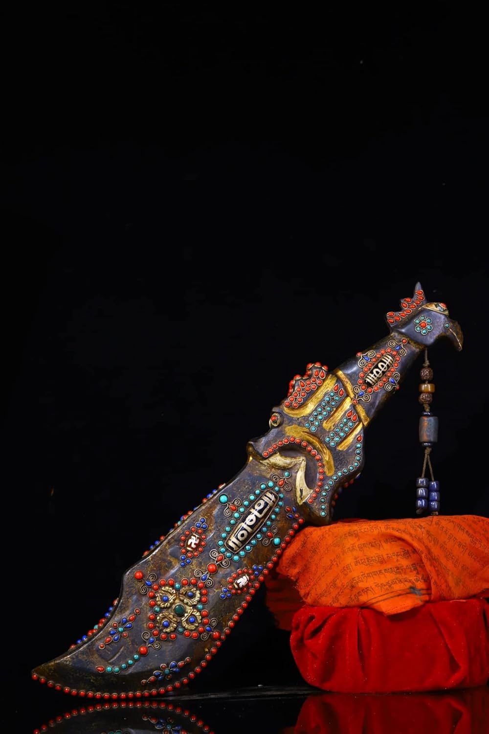 17" Tibetan Temple Collection Natural Meteorite Mosaic gem Dzi Beads Animal Head Sword Shape Buddhist Utensils Amulet Town House