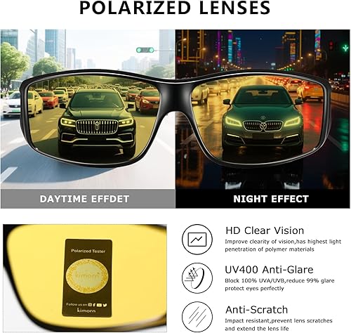 Miniatura 5 de kimorn Gafas de conducción de visión nocturna, para hombres y mujeres, antirreflejos, polarizadas, lentes amarillas