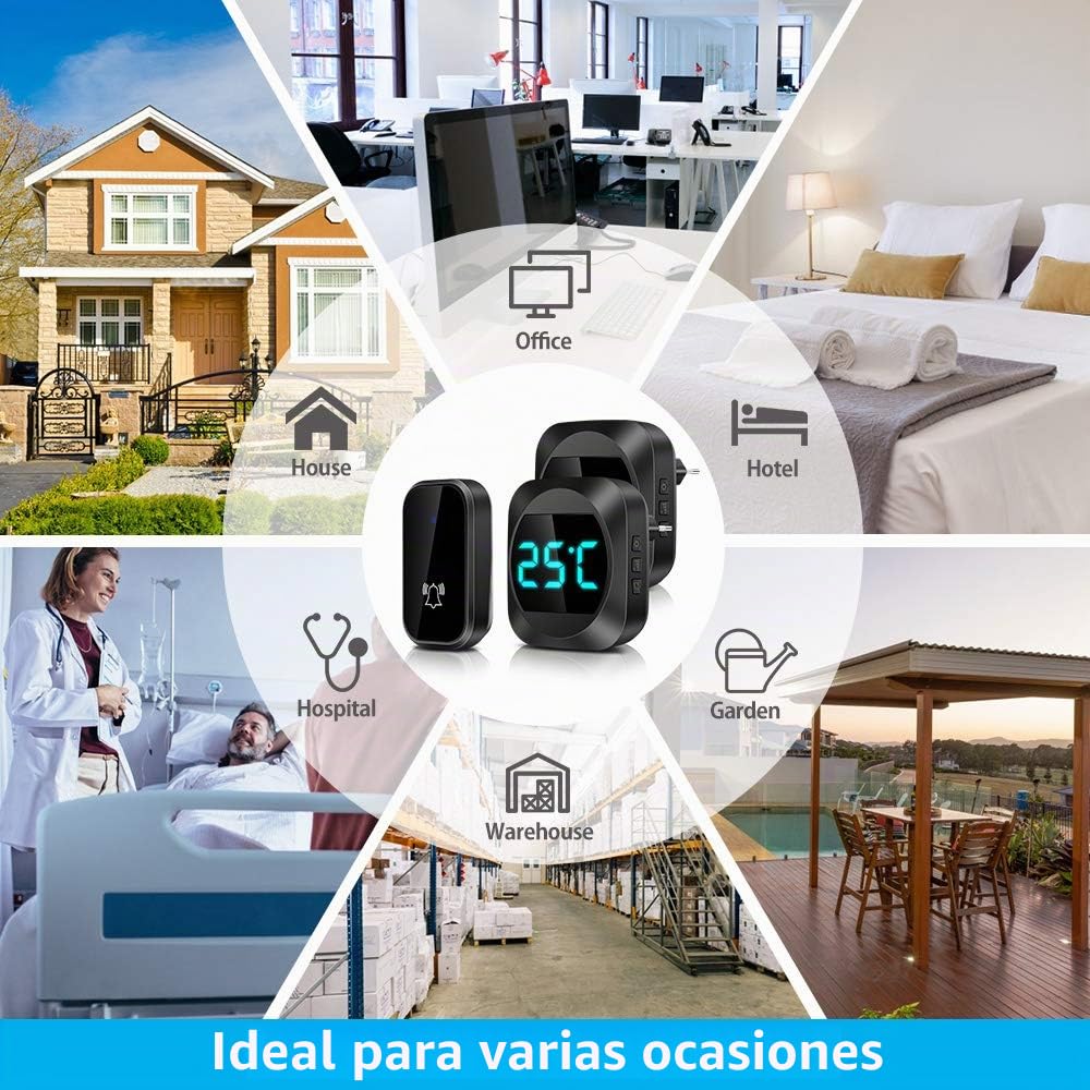 Timbre Inalámbrico Sin Pilas con Temperatura, Timbre Inalámbrico Exterior | Timbre Inalámbrico Exterior Impermeable Rango 500 Pie, 38 Melodías, 4 Niveles Volumen, LED, Doorbell para Hogar, Hotel