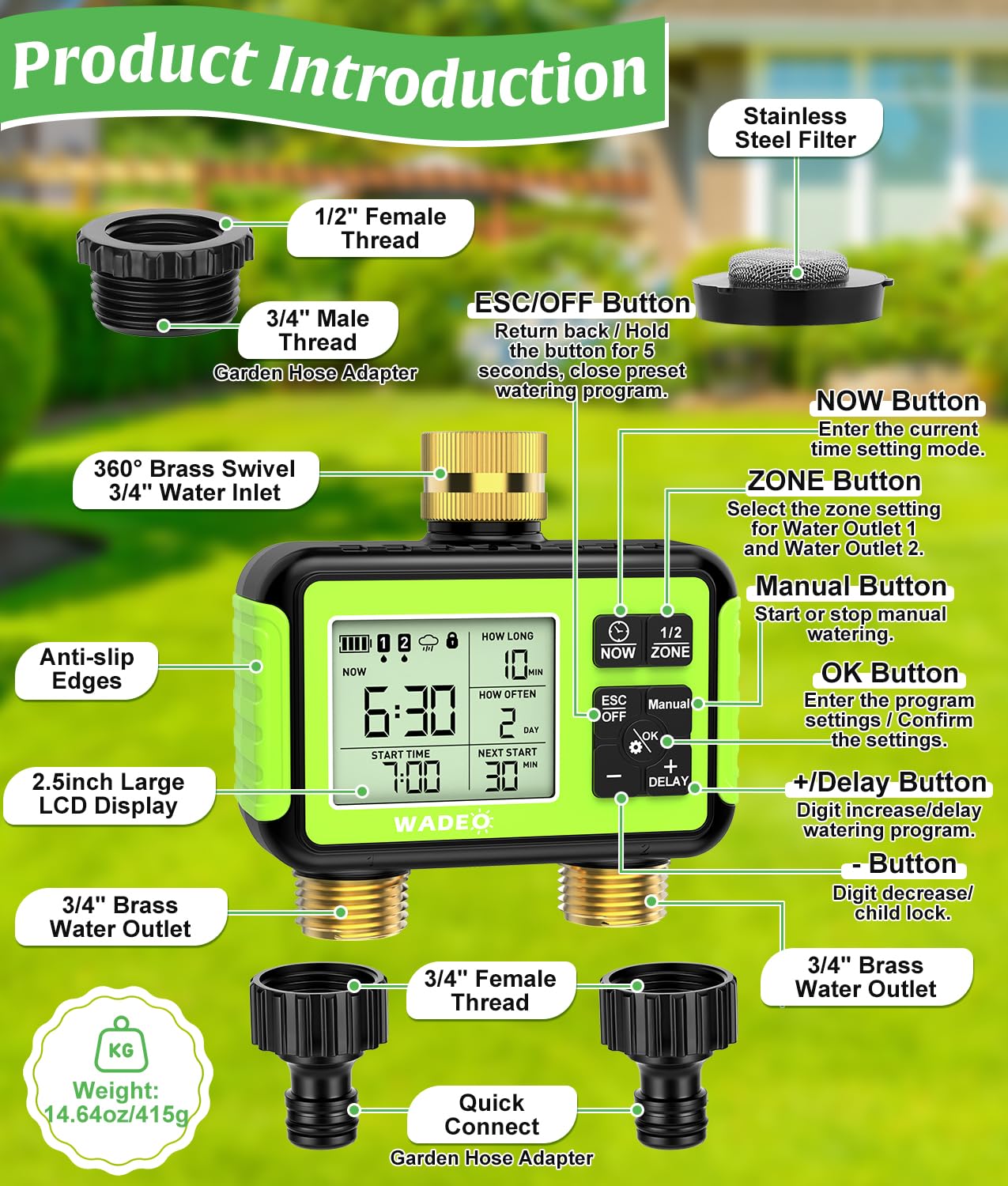 Timer irrigatore con uscita di ingresso in ottone per tubo da giardino, timer per tubo dell'acqua da esterno a 2 zone con ritardo della pioggia/auto/manuale/blocco bambini, controller di irrigazione a