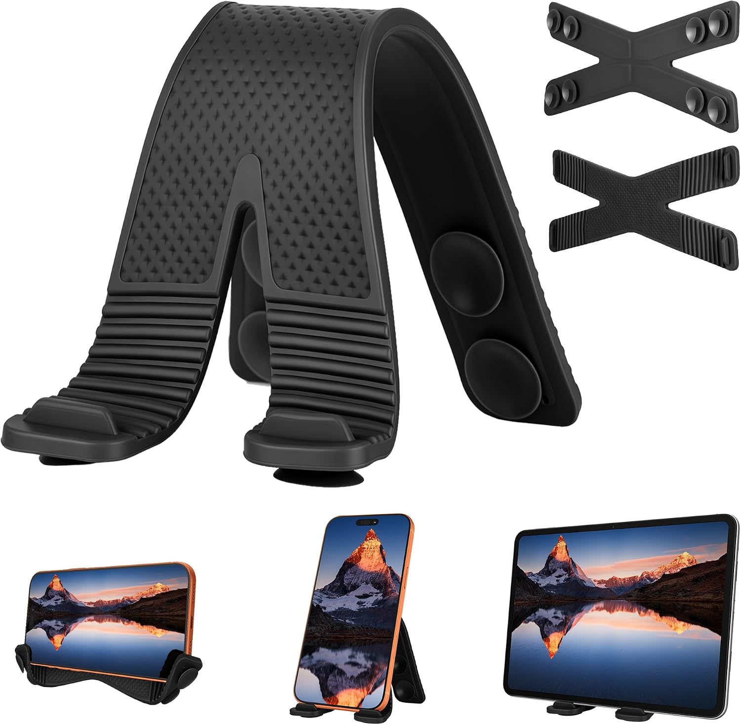 Feitenn Flexible Suction Cup Phone Stand, X-Shaped Bendable Phone Tablet Holder with Multi-Suction Mount, Portable Hands-Free Stand for Desk, Wall, Mirror, Car and Laptop,Black