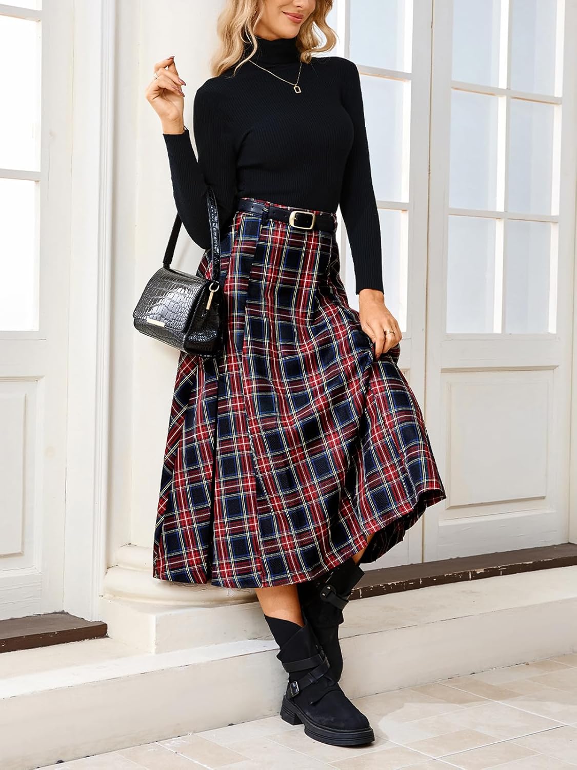 Ladyful Women's Valentines Plaid Midi Skirt High Waist A Line Flared Pleated Casual Vintage Long Tartan Skirts 2026 Trend - Image 2