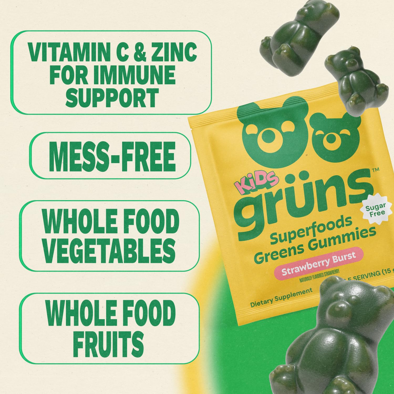 Gruns Multivitamin for Kids, Sugar-Free, Super Greens Superfood Gummy Bears with 20 Vitamins & Minerals, Alfalfa, Spirulina, Chlorella, Prebiotics Fiber for Digestive Health, Adaptogens, 28 ct