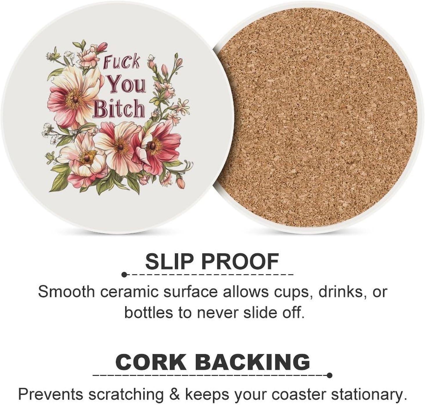 FCK You Bitch Round Ceramic Coasters Print Drinks Absorbent with Cork Base for Home Decor Gifts 4 Inch