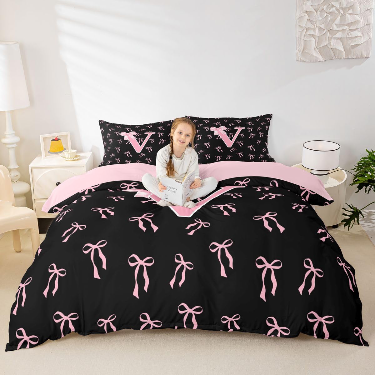 Homewish Dzieci urocza księżniczka król poszewka na kołdrę różowa wstążka kokarda zestaw pościeli akwarela kokarda monogram V poszewka na kołdrę czarna estetyczna motyl węzeł zestawy łóżek