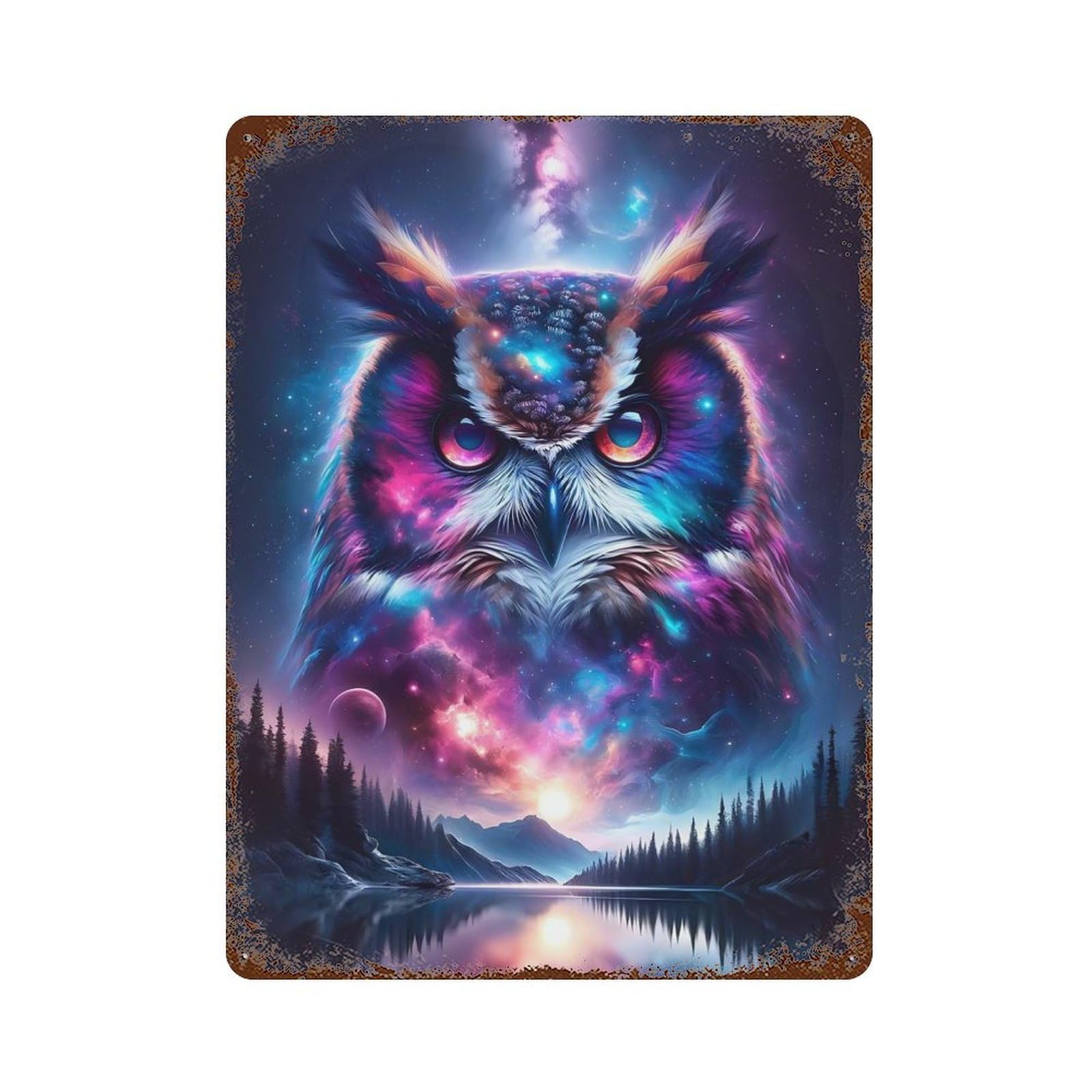 Distressed Metal Wall Sign Cosmic Owl 15.7"x11.8", Old School Wall Decor for Bistro, Counter And Cafe Decor