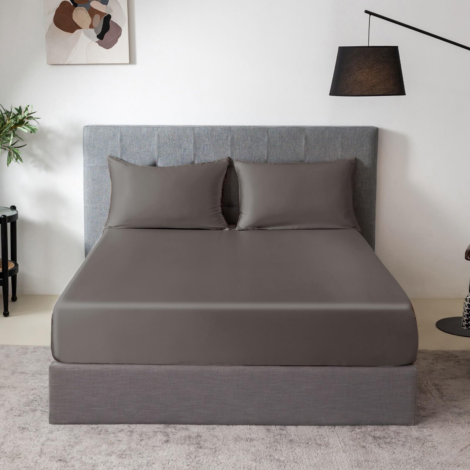 THXSILK 100% Mulberry Silk Fitted Sheet Set, 7A+ Silk 3 Pieces Bed Sheets, Breathable, Smooth, 16 Inch Deep Pocket Fitted Sheet, 2 Pillowcases - Charcoal, King