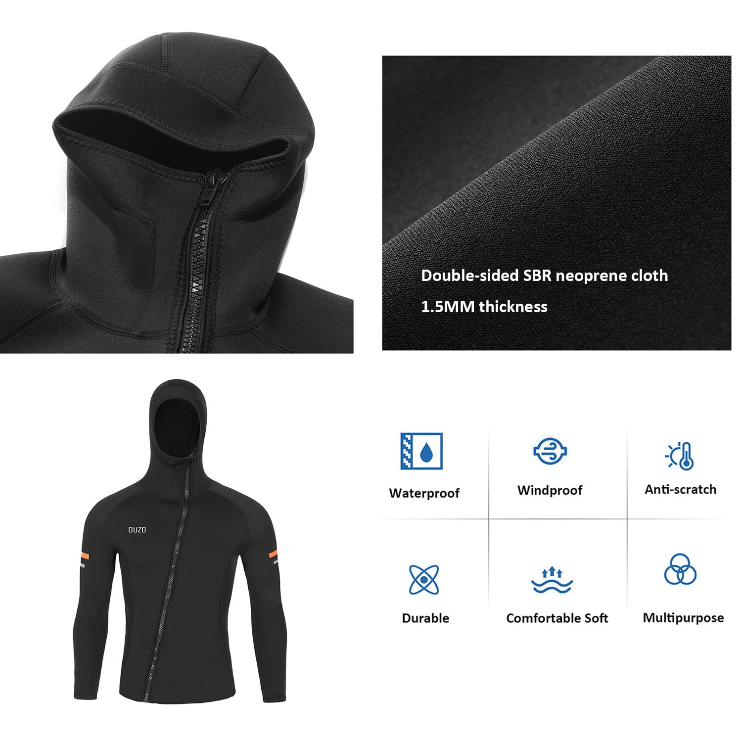 Homme 1.5MM Combinaison Veste À Capuche Protection Solaire Néoprène Combinaison De Plongée Haut Snorkeling Surf Stretch Manches Longues Confortable Maillots De Bain